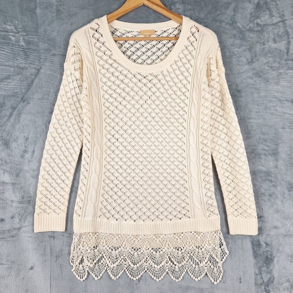 Womens Sweater Medium Cream Crochet Lace Boho Chic Open Cable Knit Pullover
